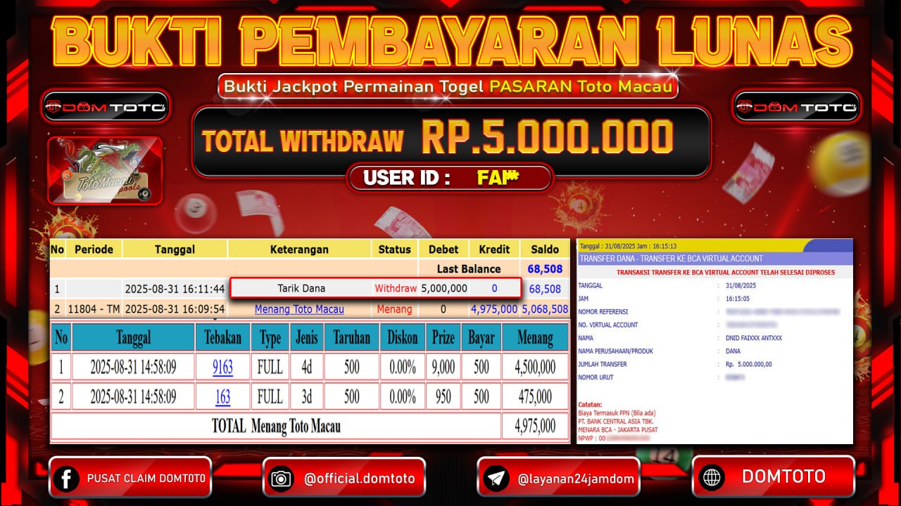 JACKPOT TOGEL TOTO MACAU 31 AGUSTUS  2025